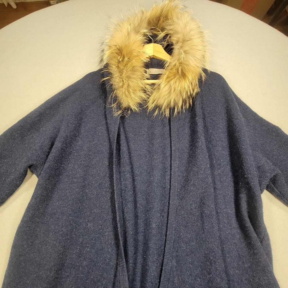 Brodie Cardigan Cashmere Blend Faux Fur‎ Collar Open Front Womens L/XL Navy Boho